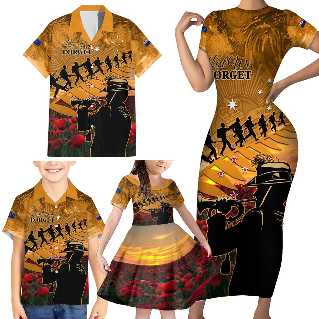 ANZAC Day 2024 Family Matching Short Sleeve Bodycon Dress and Hawaiian Shirt Silver Fern With A Trumpet Soldier
