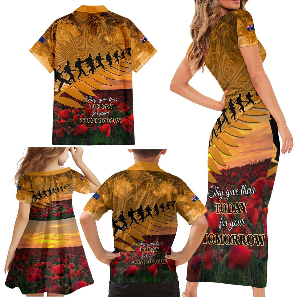 ANZAC Day 2024 Family Matching Short Sleeve Bodycon Dress and Hawaiian Shirt Silver Fern With A Trumpet Soldier