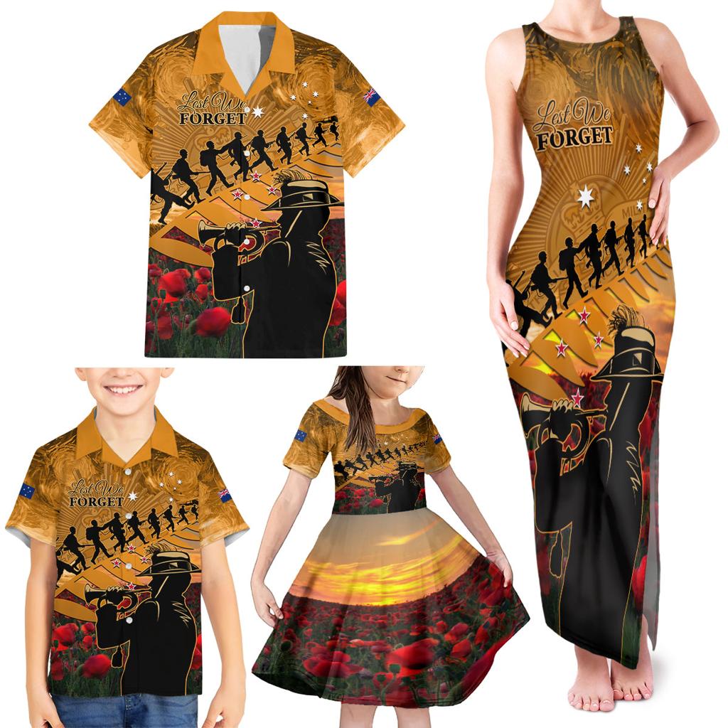 ANZAC Day 2024 Family Matching Tank Maxi Dress and Hawaiian Shirt Silver Fern With A Trumpet Soldier