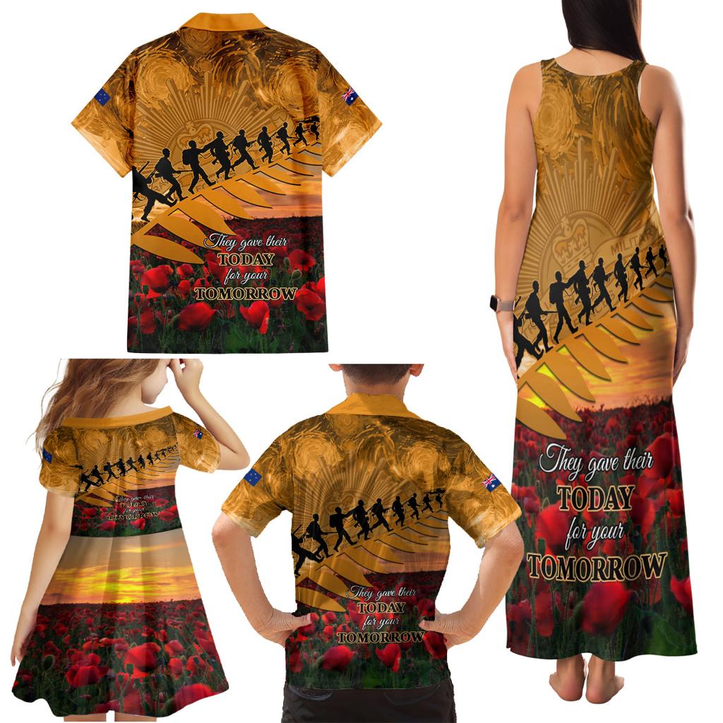 ANZAC Day 2024 Family Matching Tank Maxi Dress and Hawaiian Shirt Silver Fern With A Trumpet Soldier