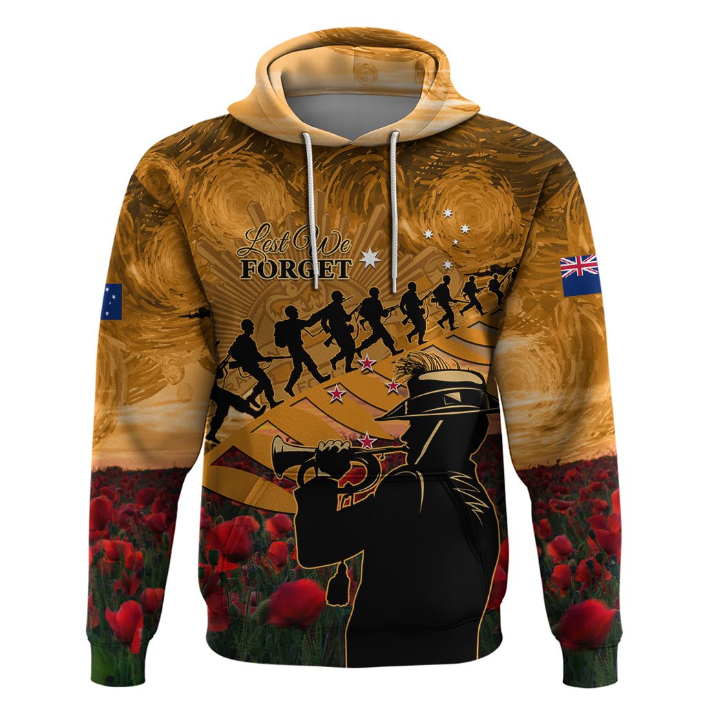 ANZAC Day 2024 Hoodie Silver Fern With A Trumpet Soldier