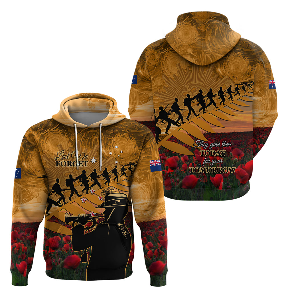 ANZAC Day 2024 Hoodie Silver Fern With A Trumpet Soldier