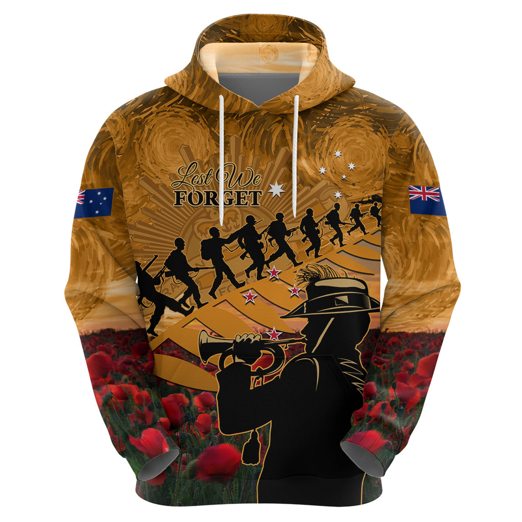 ANZAC Day 2024 Hoodie Silver Fern With A Trumpet Soldier