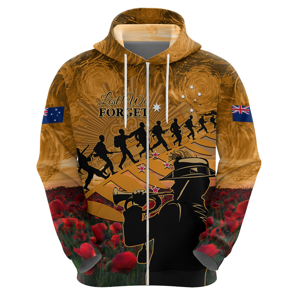 ANZAC Day 2024 Hoodie Silver Fern With A Trumpet Soldier