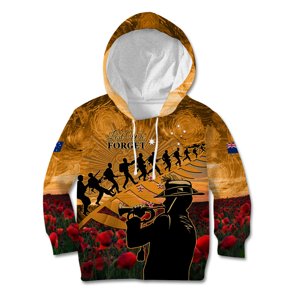 ANZAC Day 2024 Kid Hoodie Silver Fern With A Trumpet Soldier