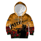 ANZAC Day 2024 Kid Hoodie Silver Fern With A Trumpet Soldier