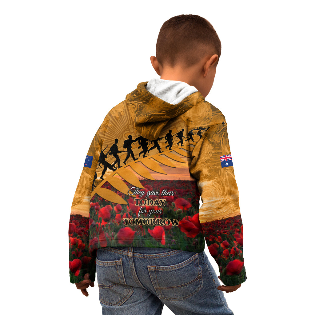 ANZAC Day 2024 Kid Hoodie Silver Fern With A Trumpet Soldier