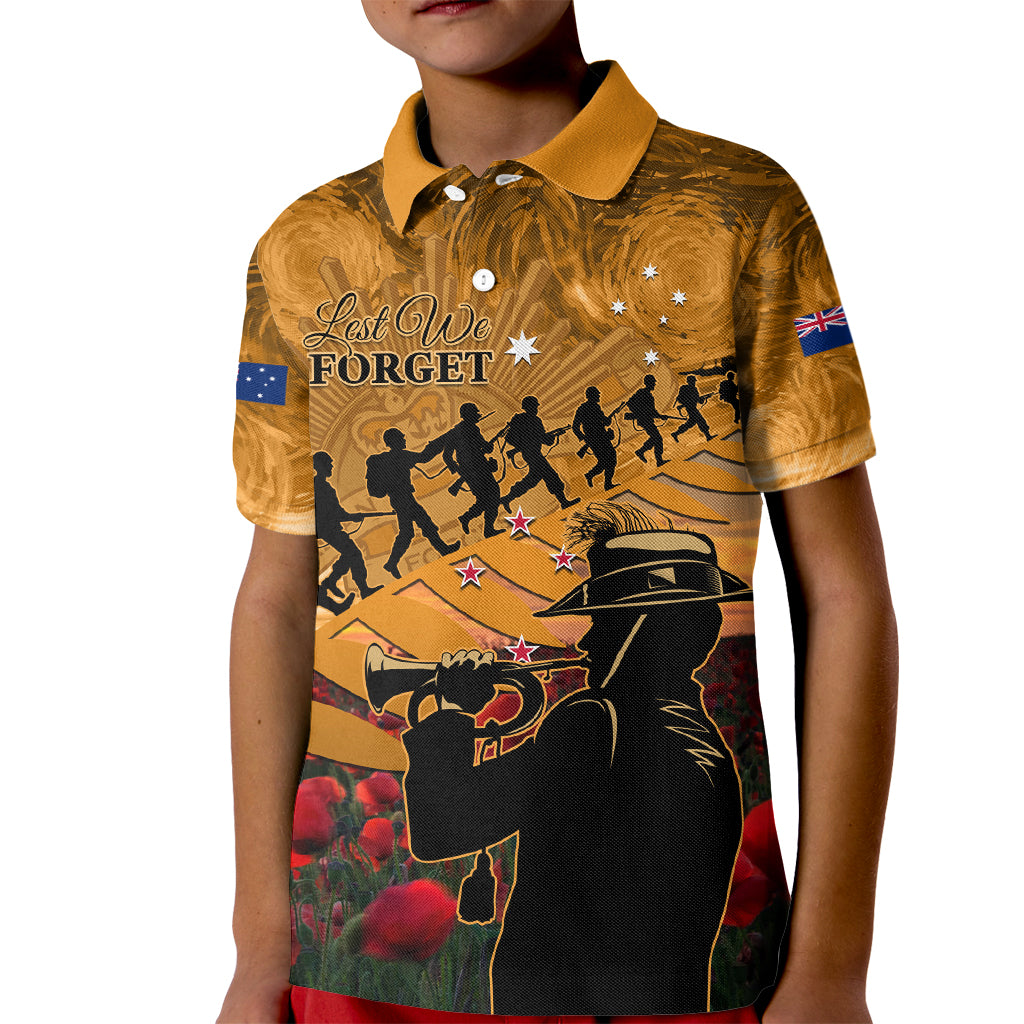 ANZAC Day 2024 Kid Polo Shirt Silver Fern With A Trumpet Soldier