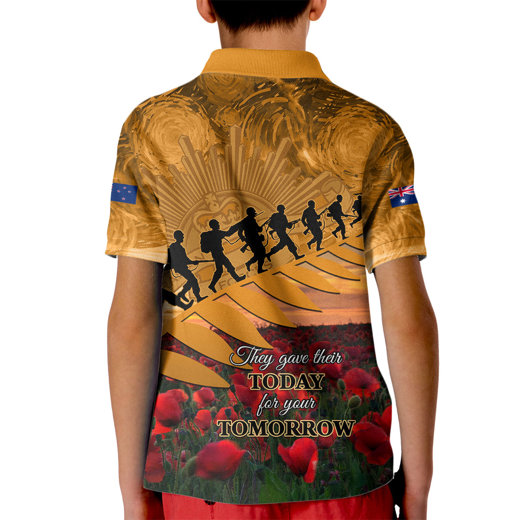 ANZAC Day 2024 Kid Polo Shirt Silver Fern With A Trumpet Soldier