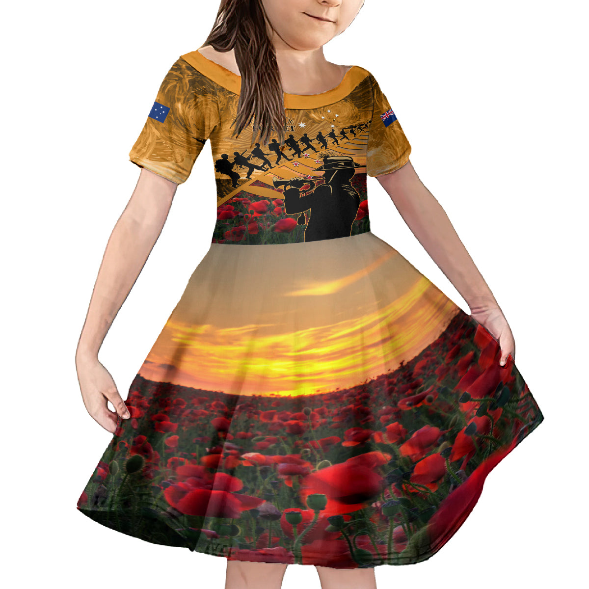 ANZAC Day 2024 Kid Short Sleeve Dress Silver Fern With A Trumpet Soldier