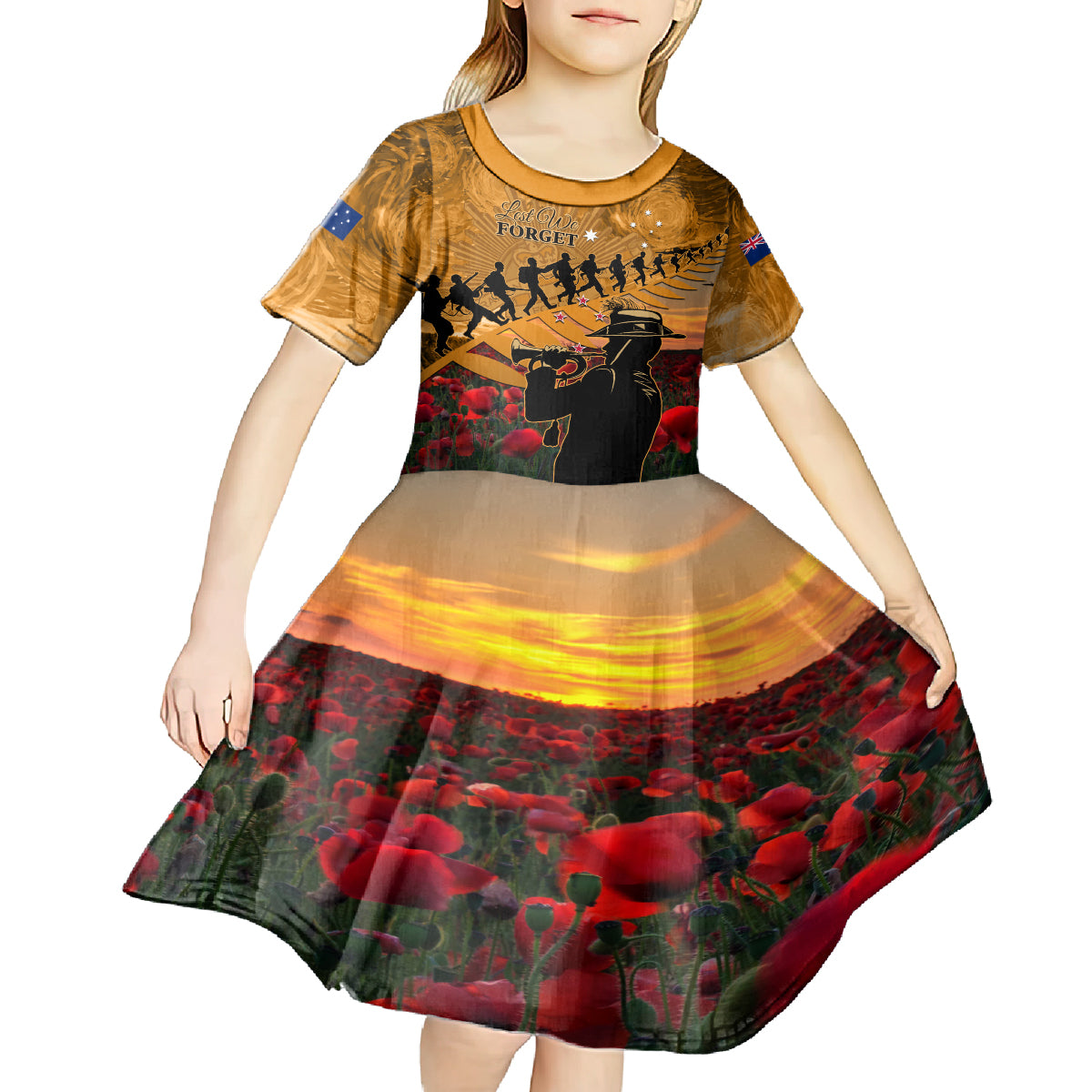 ANZAC Day 2024 Kid Short Sleeve Dress Silver Fern With A Trumpet Soldier