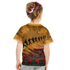 ANZAC Day 2024 Kid T Shirt Silver Fern With A Trumpet Soldier