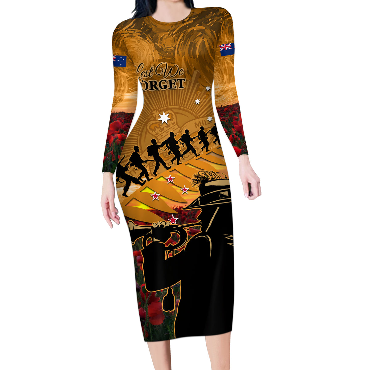 ANZAC Day 2024 Long Sleeve Bodycon Dress Silver Fern With A Trumpet Soldier