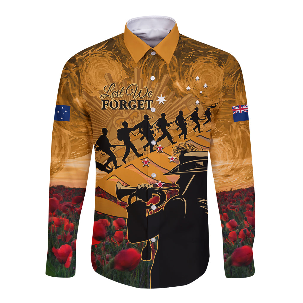 ANZAC Day 2024 Long Sleeve Button Shirt Silver Fern With A Trumpet Soldier