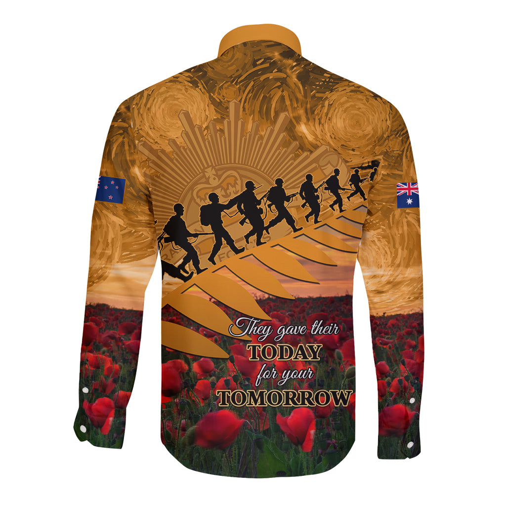 ANZAC Day 2024 Long Sleeve Button Shirt Silver Fern With A Trumpet Soldier