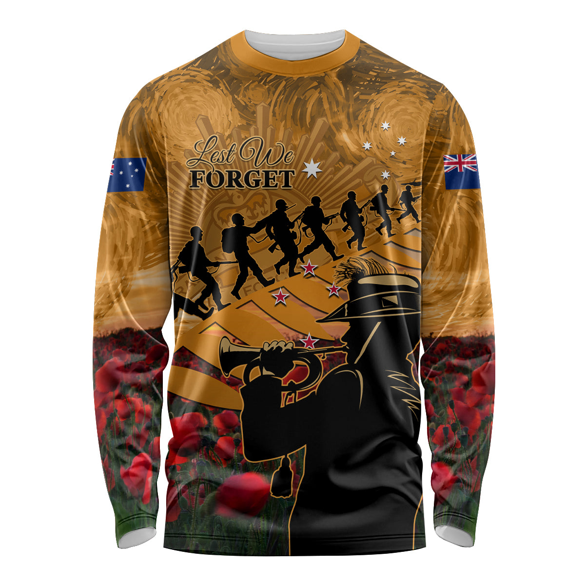 ANZAC Day 2024 Long Sleeve Shirt Silver Fern With A Trumpet Soldier
