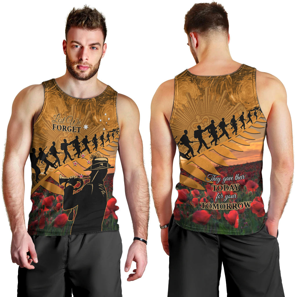 ANZAC Day 2024 Men Tank Top Silver Fern With A Trumpet Soldier