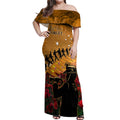 ANZAC Day 2024 Off Shoulder Maxi Dress Silver Fern With A Trumpet Soldier