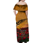 ANZAC Day 2024 Off Shoulder Maxi Dress Silver Fern With A Trumpet Soldier