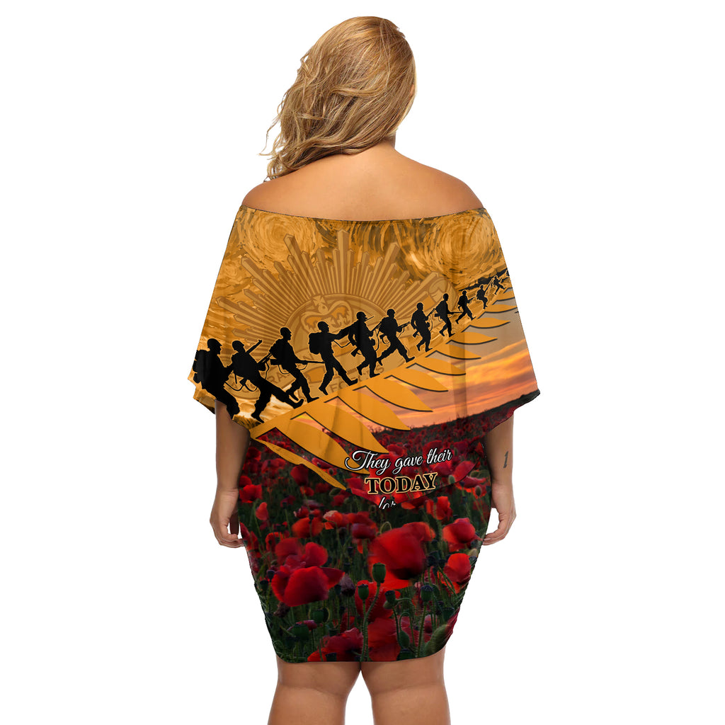 ANZAC Day 2024 Off Shoulder Short Dress Silver Fern With A Trumpet Soldier
