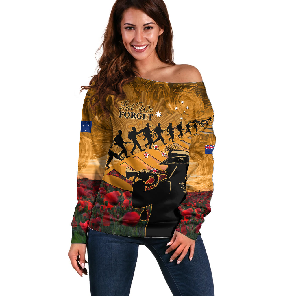 ANZAC Day 2024 Off Shoulder Sweater Silver Fern With A Trumpet Soldier