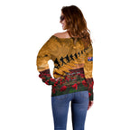 ANZAC Day 2024 Off Shoulder Sweater Silver Fern With A Trumpet Soldier