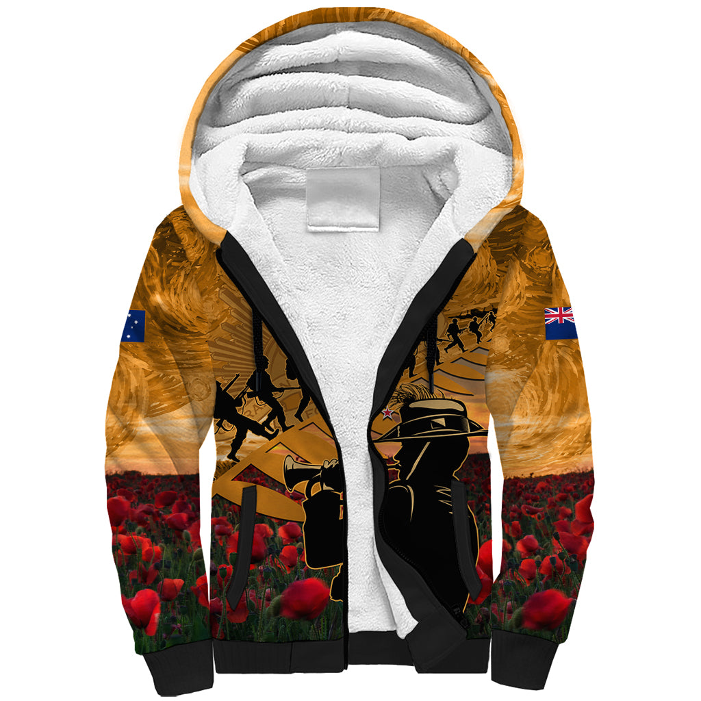 ANZAC Day 2024 Sherpa Hoodie Silver Fern With A Trumpet Soldier