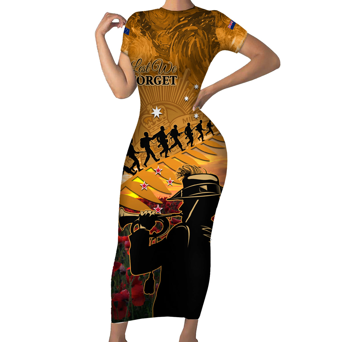 ANZAC Day 2024 Short Sleeve Bodycon Dress Silver Fern With A Trumpet Soldier