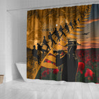 ANZAC Day 2024 Shower Curtain Silver Fern With A Trumpet Soldier