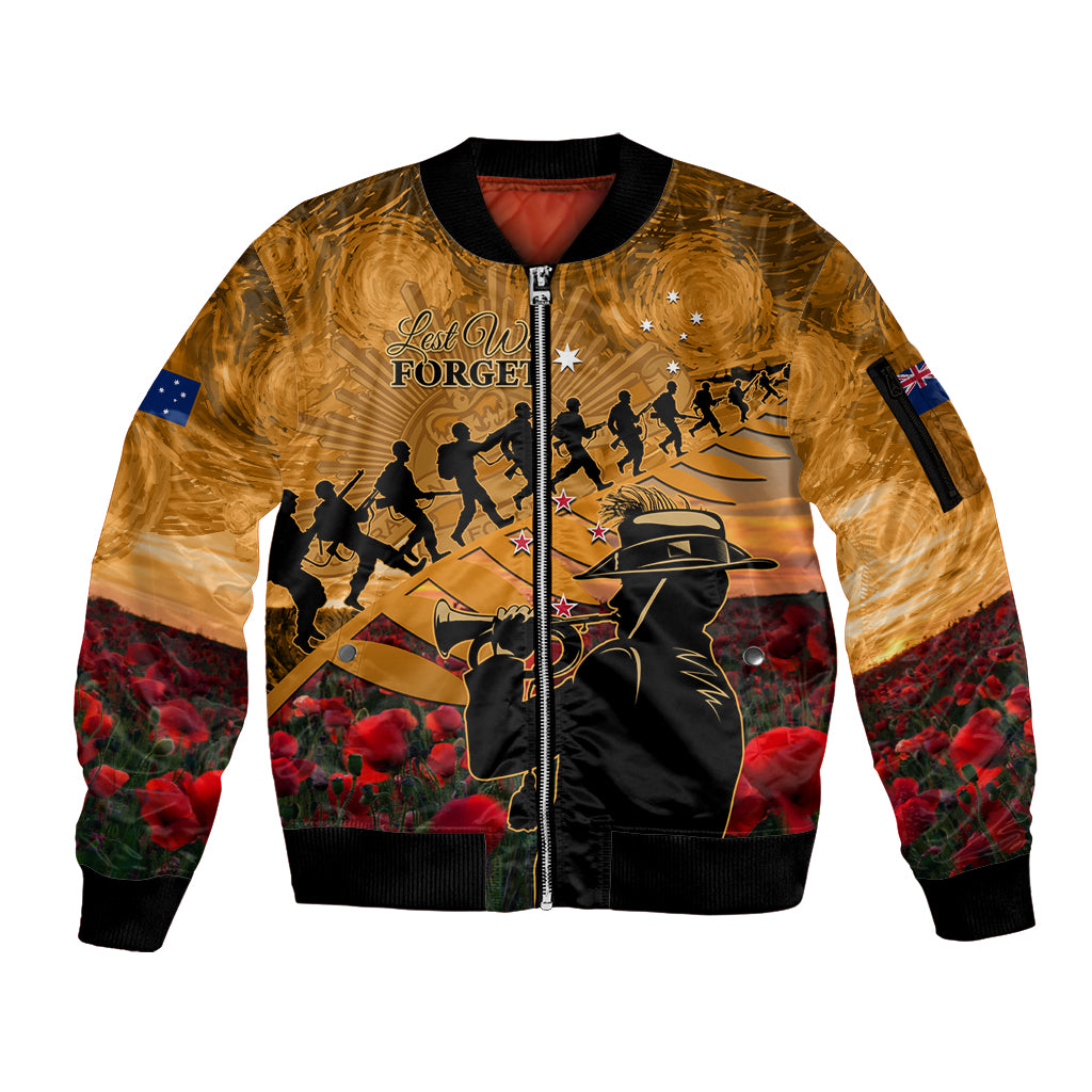 ANZAC Day 2024 Sleeve Zip Bomber Jacket Silver Fern With A Trumpet Soldier