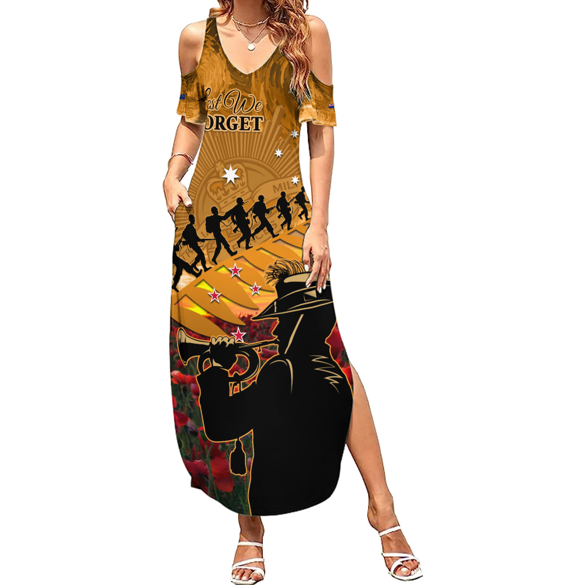 ANZAC Day 2024 Summer Maxi Dress Silver Fern With A Trumpet Soldier