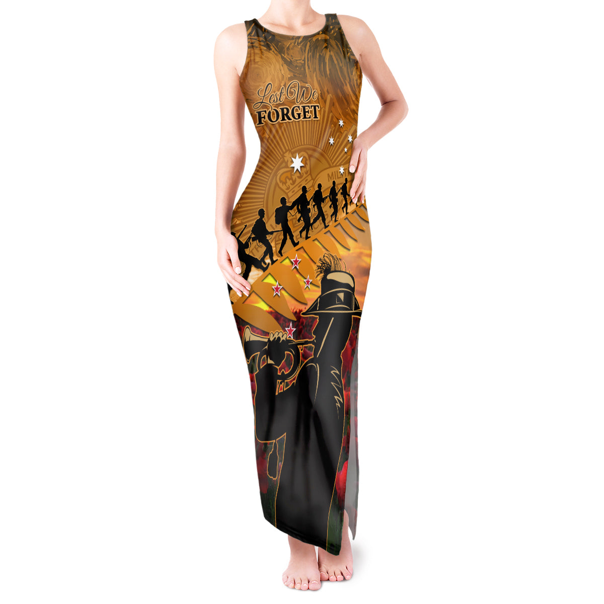 ANZAC Day 2024 Tank Maxi Dress Silver Fern With A Trumpet Soldier