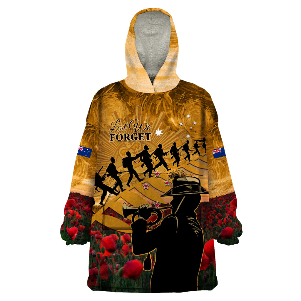 ANZAC Day 2024 Wearable Blanket Hoodie Silver Fern With A Trumpet Soldier