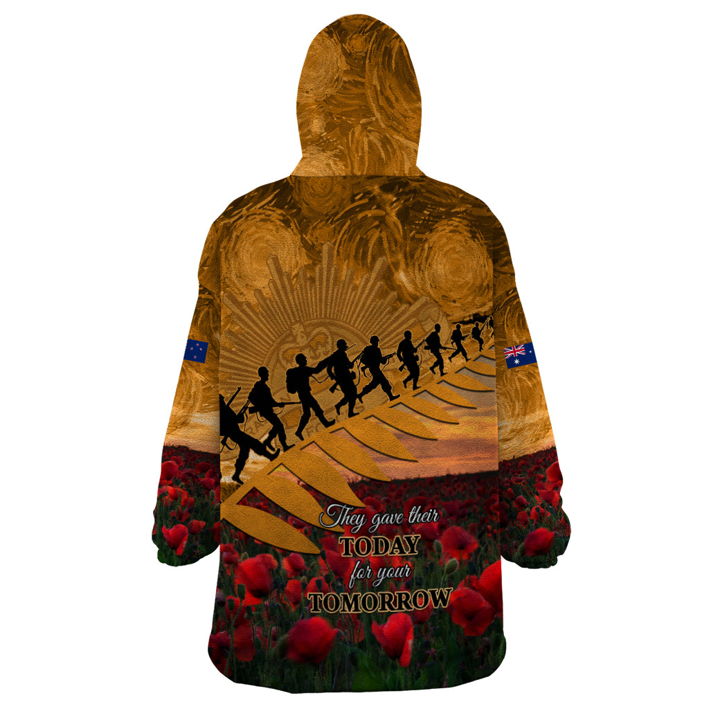 ANZAC Day 2024 Wearable Blanket Hoodie Silver Fern With A Trumpet Soldier