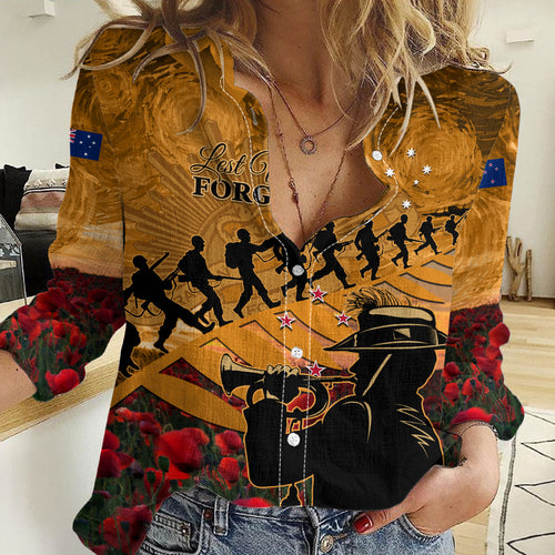 ANZAC Day 2024 Women Casual Shirt Silver Fern With A Trumpet Soldier
