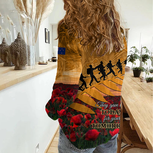 ANZAC Day 2024 Women Casual Shirt Silver Fern With A Trumpet Soldier
