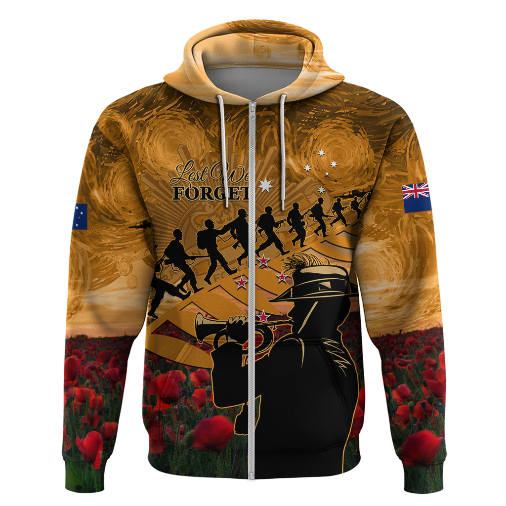 ANZAC Day 2024 Zip Hoodie Silver Fern With A Trumpet Soldier