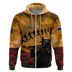 ANZAC Day 2024 Zip Hoodie Silver Fern With A Trumpet Soldier