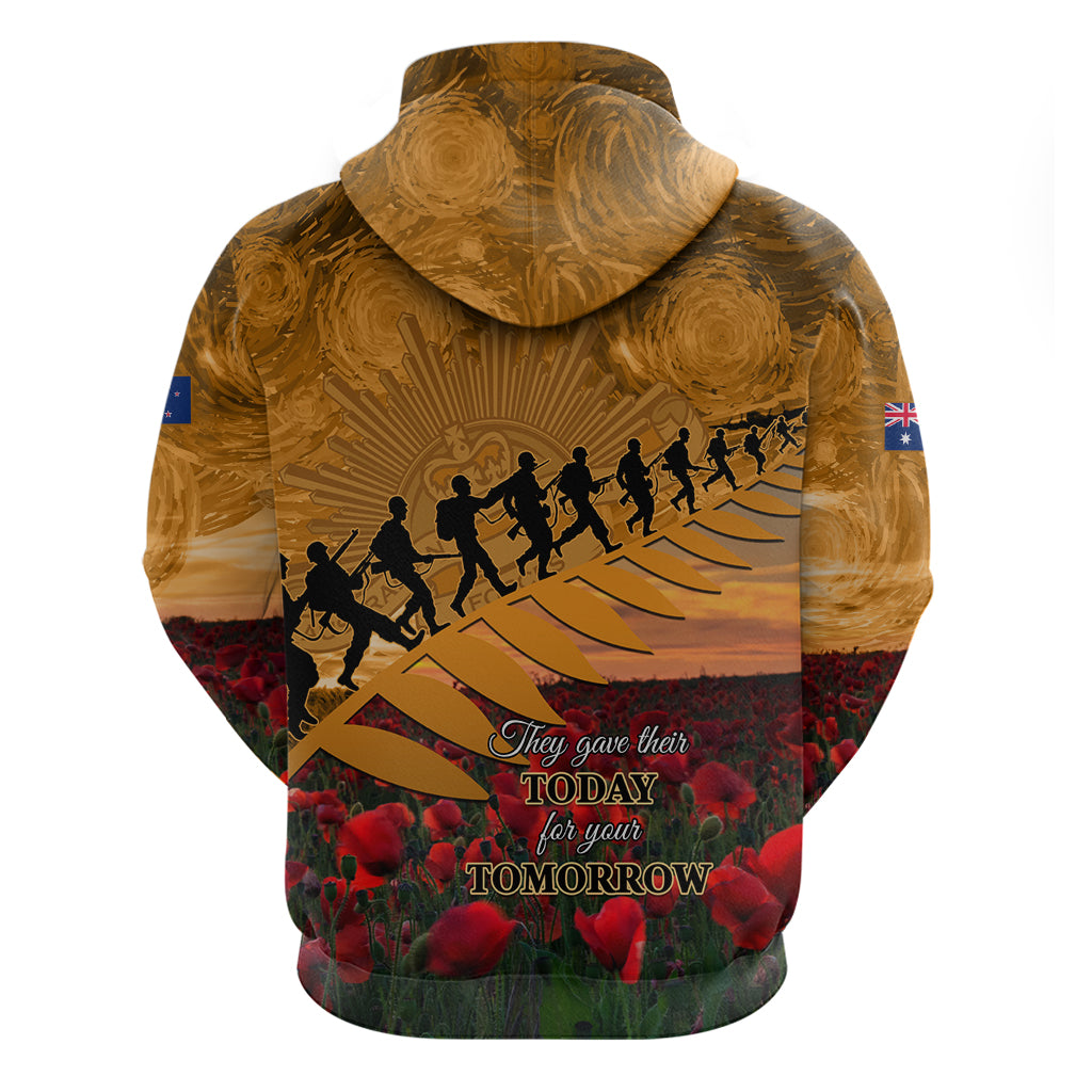 ANZAC Day 2024 Zip Hoodie Silver Fern With A Trumpet Soldier
