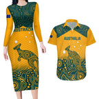 Custom Australia Rugby Couples Matching Long Sleeve Bodycon Dress and Hawaiian Shirt Wallabies Aboriginal Pattern