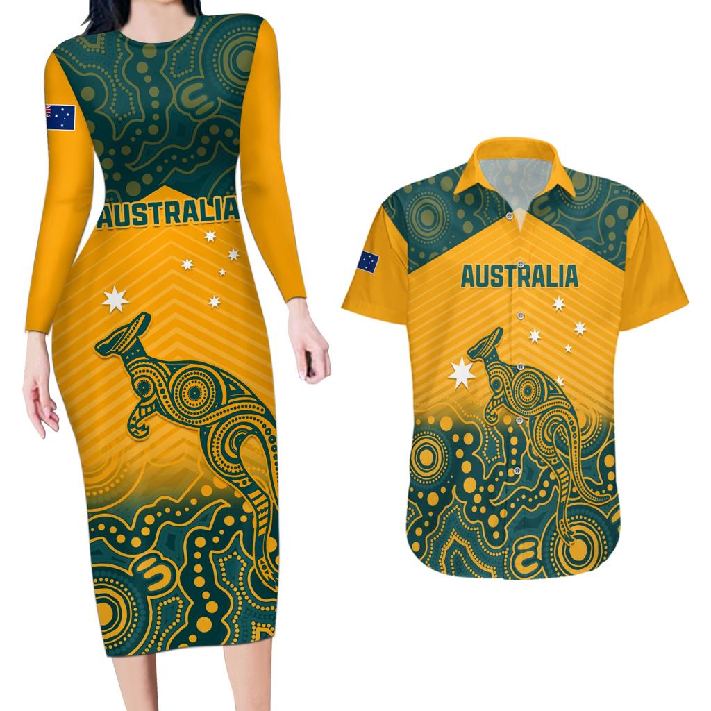 Custom Australia Rugby Couples Matching Long Sleeve Bodycon Dress and Hawaiian Shirt Wallabies Aboriginal Pattern
