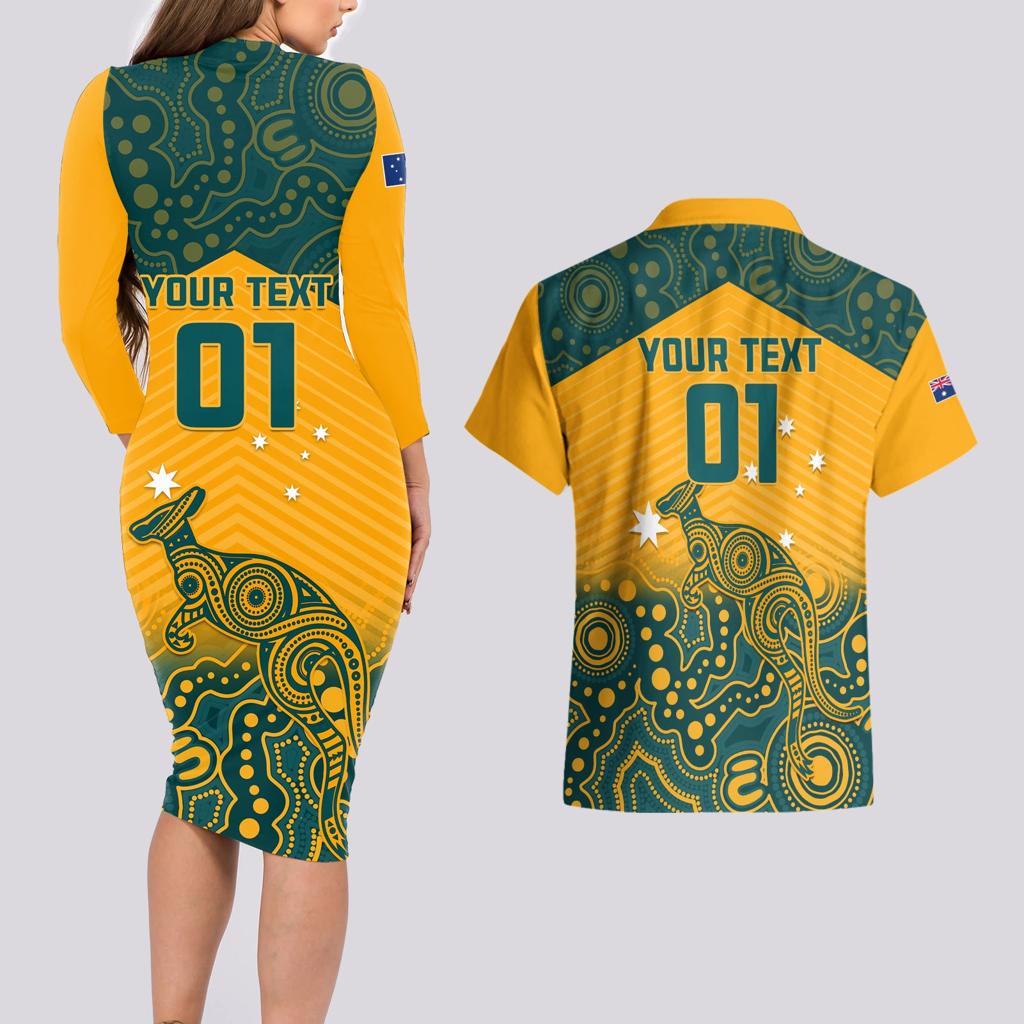 Custom Australia Rugby Couples Matching Long Sleeve Bodycon Dress and Hawaiian Shirt Wallabies Aboriginal Pattern