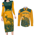 Custom Australia Rugby Couples Matching Long Sleeve Bodycon Dress and Long Sleeve Button Shirt Wallabies Aboriginal Pattern