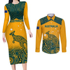 Custom Australia Rugby Couples Matching Long Sleeve Bodycon Dress and Long Sleeve Button Shirt Wallabies Aboriginal Pattern
