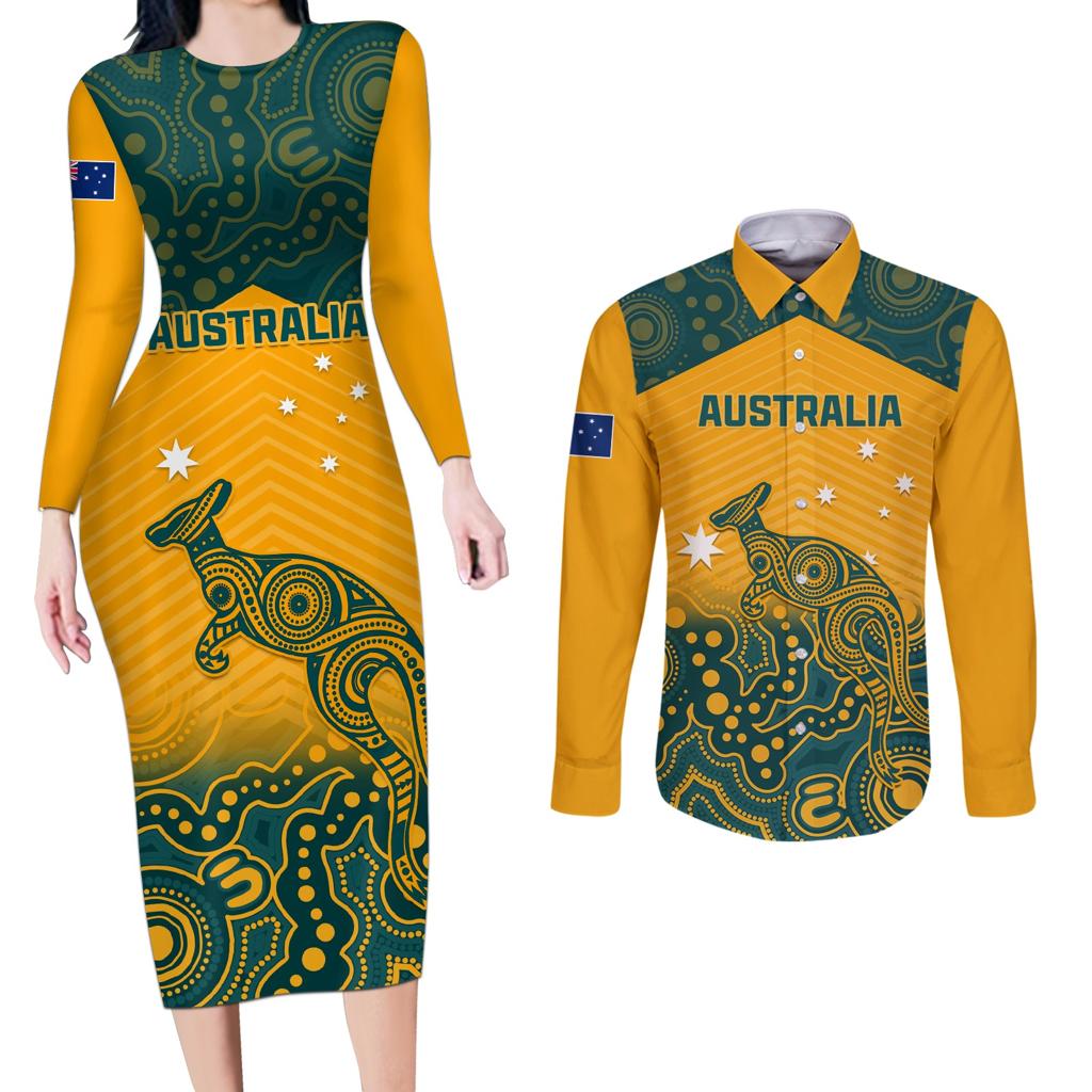 Custom Australia Rugby Couples Matching Long Sleeve Bodycon Dress and Long Sleeve Button Shirt Wallabies Aboriginal Pattern
