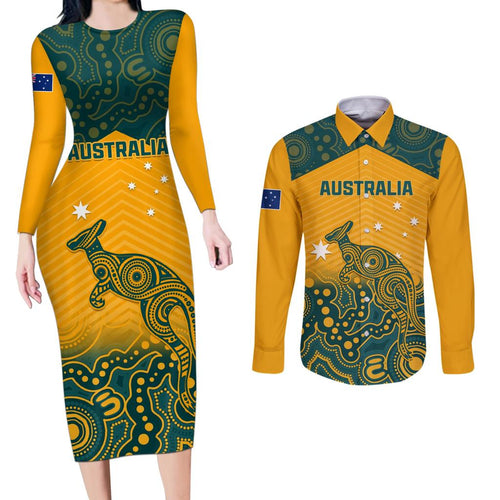 Custom Australia Rugby Couples Matching Long Sleeve Bodycon Dress and Long Sleeve Button Shirt Wallabies Aboriginal Pattern