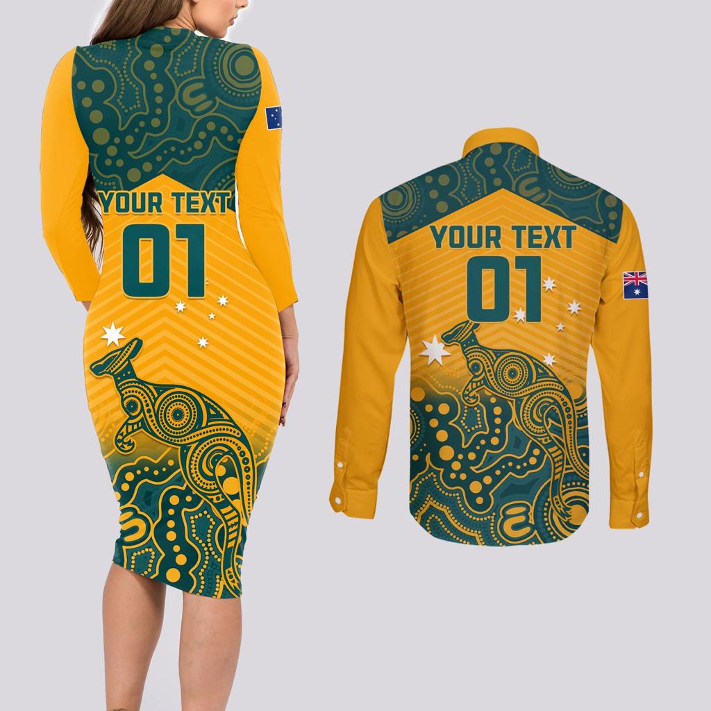 Custom Australia Rugby Couples Matching Long Sleeve Bodycon Dress and Long Sleeve Button Shirt Wallabies Aboriginal Pattern