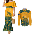 Custom Australia Rugby Couples Matching Mermaid Dress and Long Sleeve Button Shirt Wallabies Aboriginal Pattern
