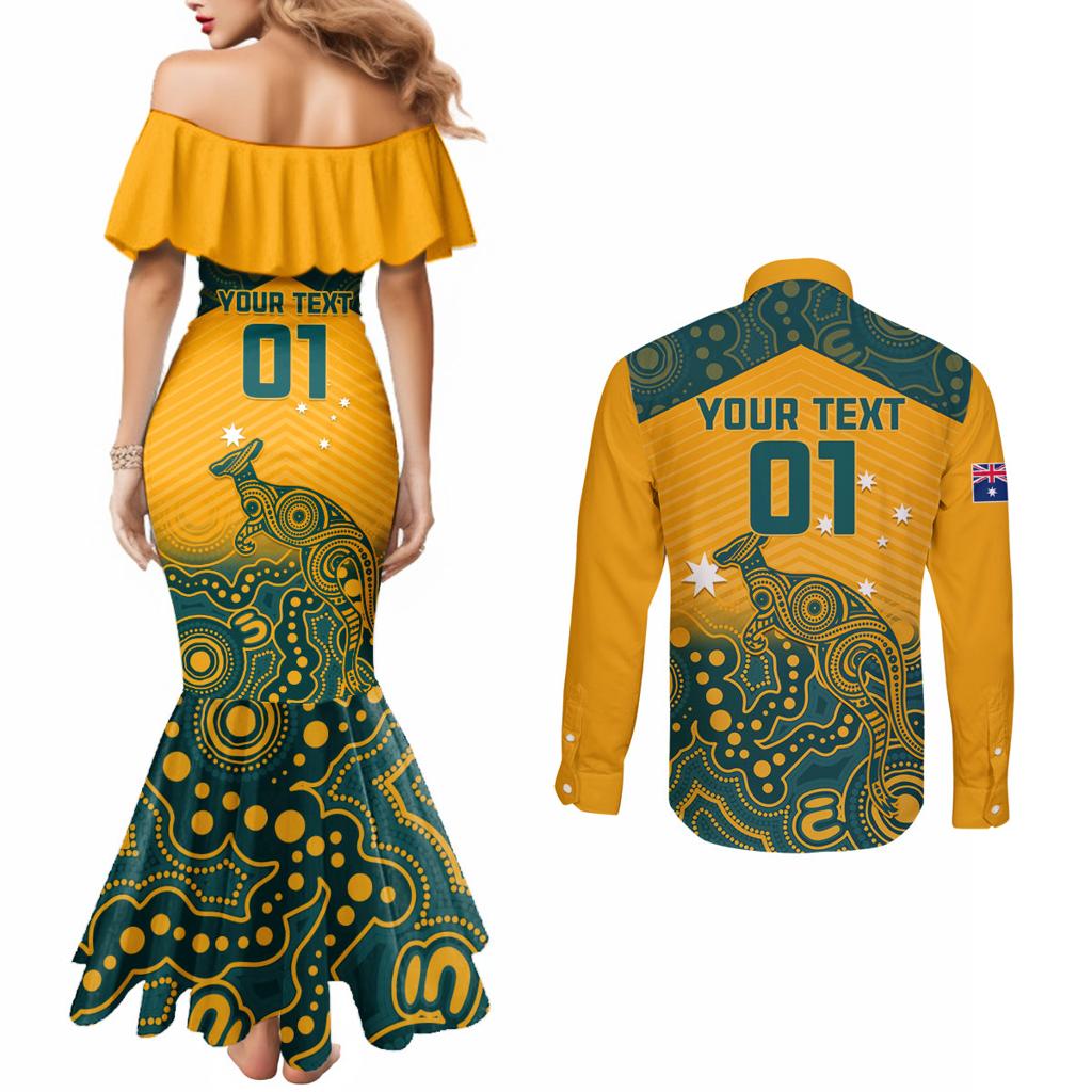 Custom Australia Rugby Couples Matching Mermaid Dress and Long Sleeve Button Shirt Wallabies Aboriginal Pattern