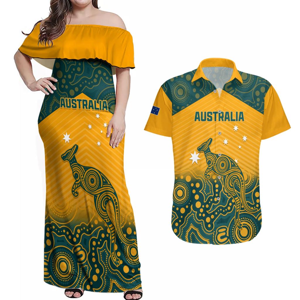 Custom Australia Rugby Couples Matching Off Shoulder Maxi Dress and Hawaiian Shirt Wallabies Aboriginal Pattern